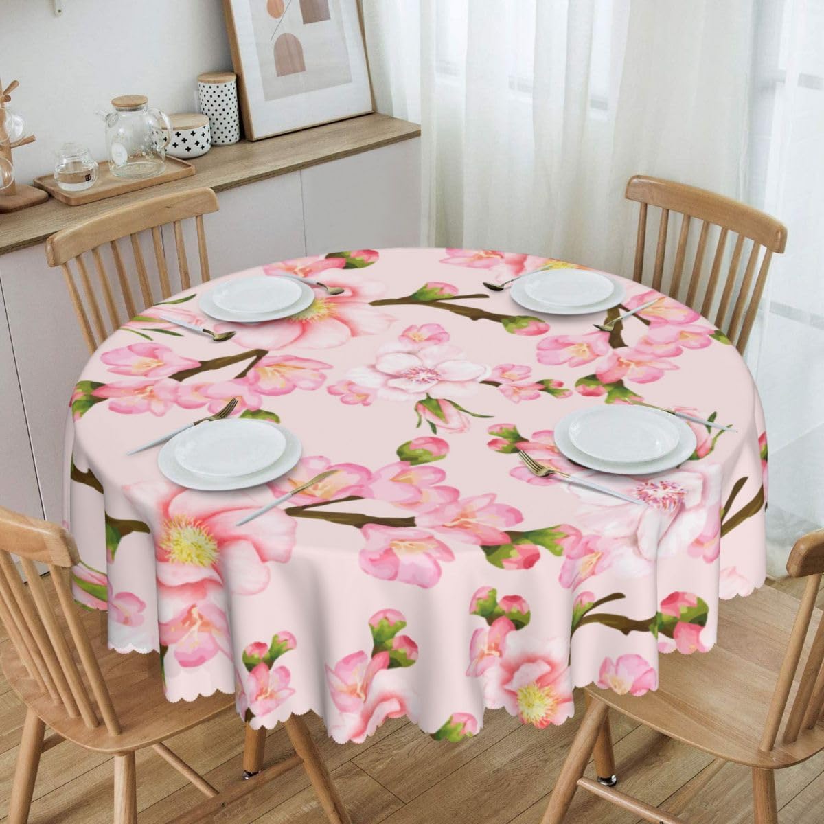 Japanese Tablecloth, Navy Blue Koi Traditional Cherry Blossom Vintage Floral Oriental Water Resisitant Wipeable Table Cover for Dining Kitchen Living Room Home Party Holiday Decor 60 inch Round