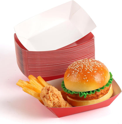 50 Pcs 2lb Paper Food Boat Trays Disposable，Snack Tray，Food Trays for Snack French Hot Dog Taco Popcorn Picnic party Wedding，Concession Stand Supplies (Red)
