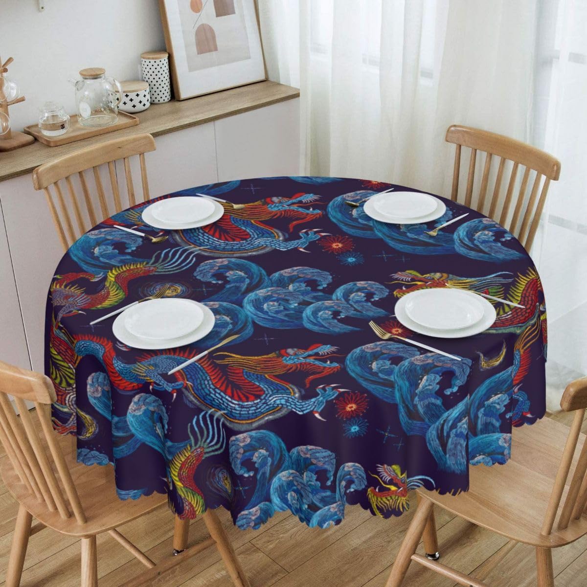 Chinoiserie Tablecloth Round, Traditional Zodiac Dragon Vintage Asian Style Oriental Luxury Water Resisitant Table Cover for Dining Kitchen Living Room Home Party Holiday Decor 36 inch Round
