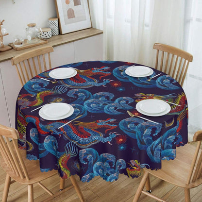 Chinoiserie Tablecloth Round, Traditional Zodiac Dragon Vintage Asian Style Oriental Luxury Water Resisitant Table Cover for Dining Kitchen Living Room Home Party Holiday Decor 36 inch Round
