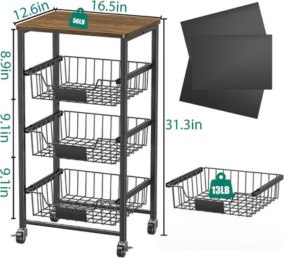 Kitchen Storage Cart with Wheels, 4-Tier Metal Utility Rolling Cart Fruit Vegetable Storage Basket Pantry Rack with Wood Top & Pull Out Baskets for Kitchen, Livingroom, Diningroom, Office