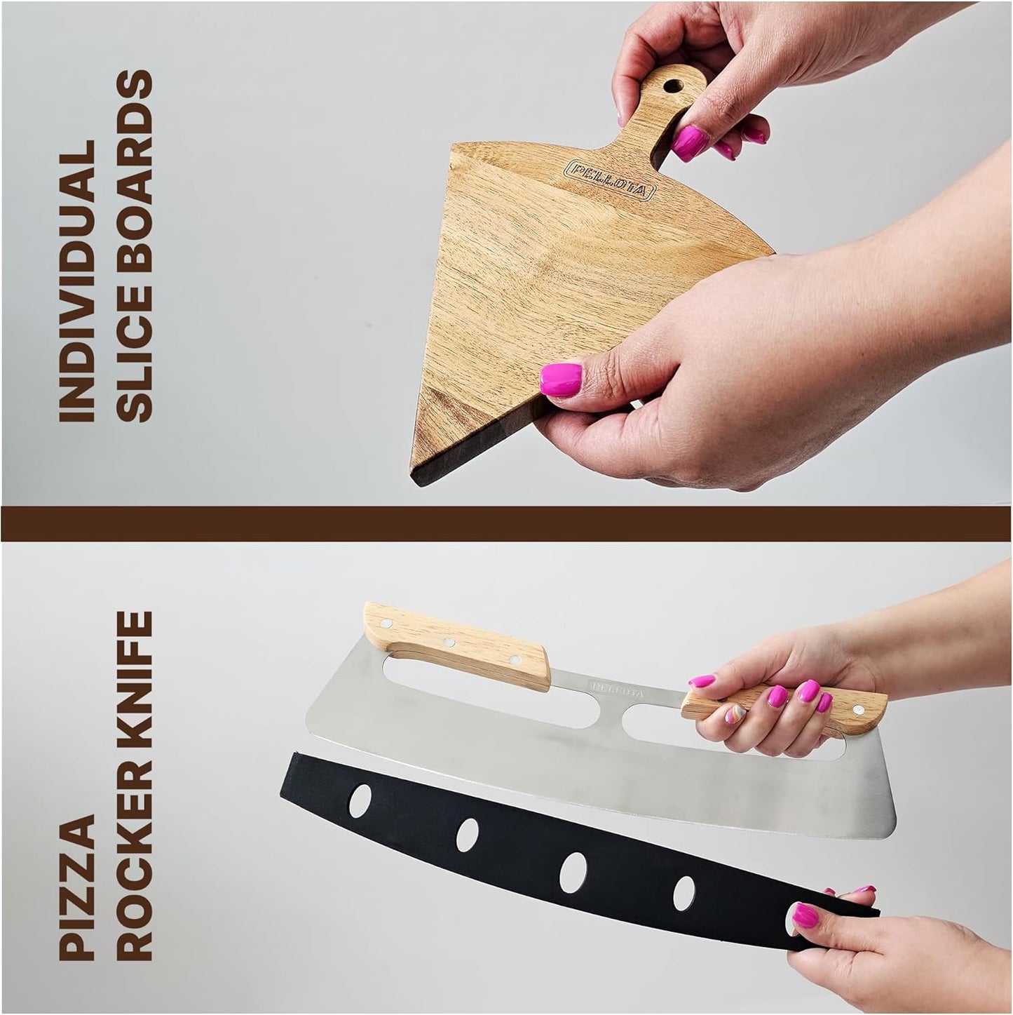 Premium Wooden Pizza Serving Board Set – 6 Slice Detachable Pizza Tray with Stainless Steel Rocker Knife, Pizza Slicer, Pizza Rocker for Parties & Gifts