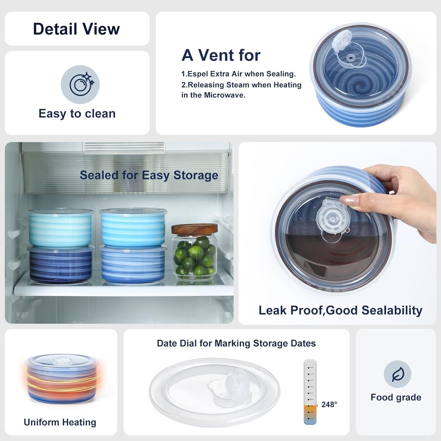 Selamica Ceramic Bowls with Lids, 14 OZ Microwave Safe Bowls with Lids for Lunch Picnic, 5 Inch Ceramic Food Storage Containers for Leftovers, Soup, Salad, Meal Prep, Cereal, Set of 4, Gradient Blue