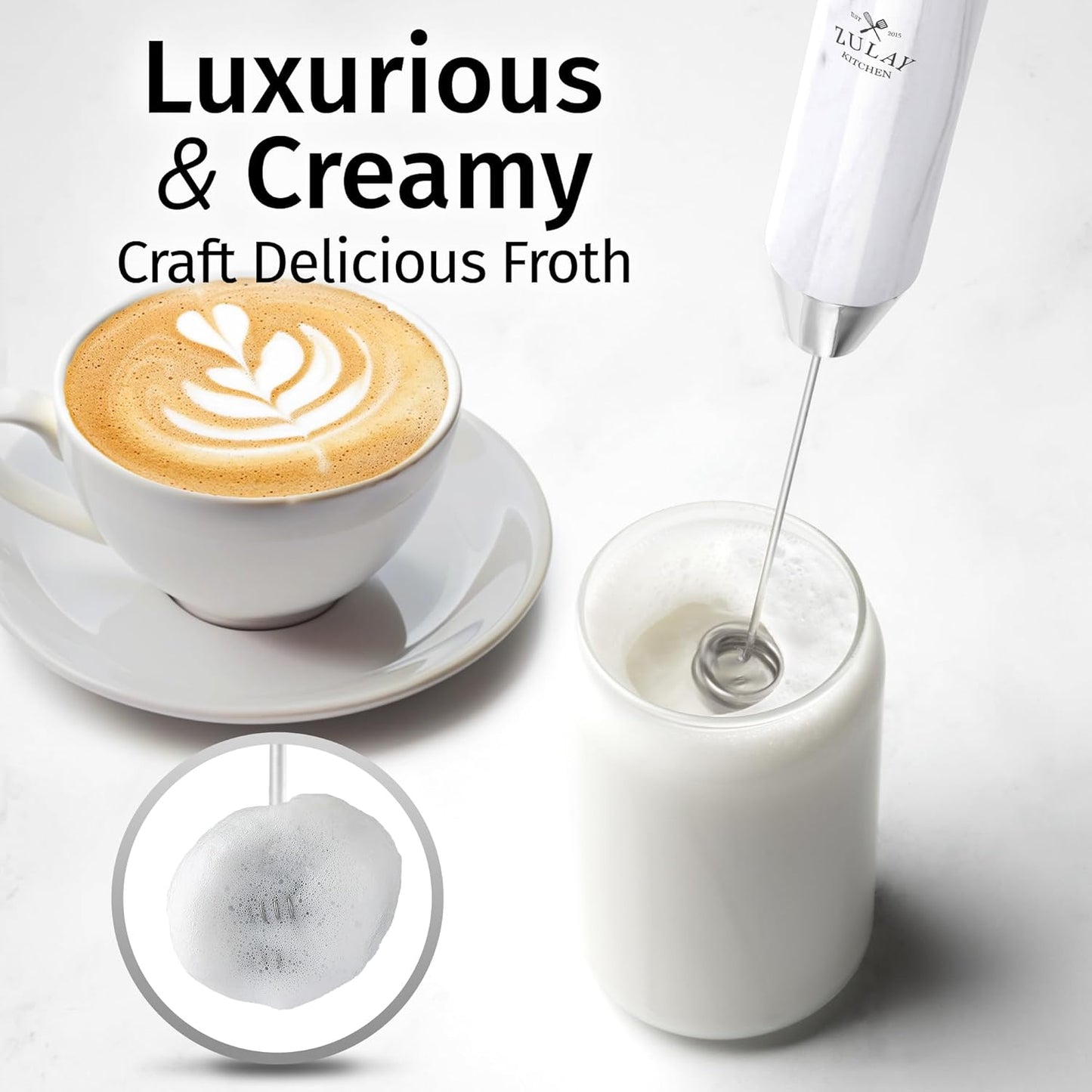 Zulay Kitchen Lux Electric Milk Frother Rechargeable Handheld - Powerful 2-Speed Motor, Waterproof, 2000mAh Battery - Lux Coffee Frother for Protein Powder, Drink Mixer Wand & Matcha Mixer