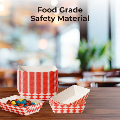 Fit Meal Prep [250 Pack 0.25 lb Paper Food Boats Heavy Duty Disposable Food Trays, Red Check Nacho Tray for Parties Fairs Picnics Carnivals, Holds Ketchup Cheese Sauce Pickles