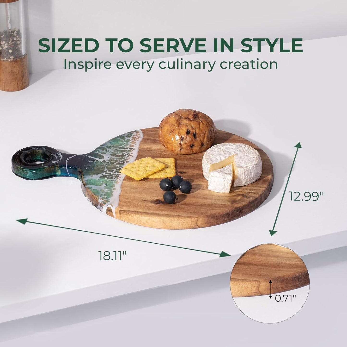 Acacia Wood Serving Board with Ocean Resin Art, 18.1" x 13" Charcuterie Cheese Tray for Display & Prep, Cutting Board on Back, Includes Stand & Loofah, Christmas Housewarming Gift (Round)