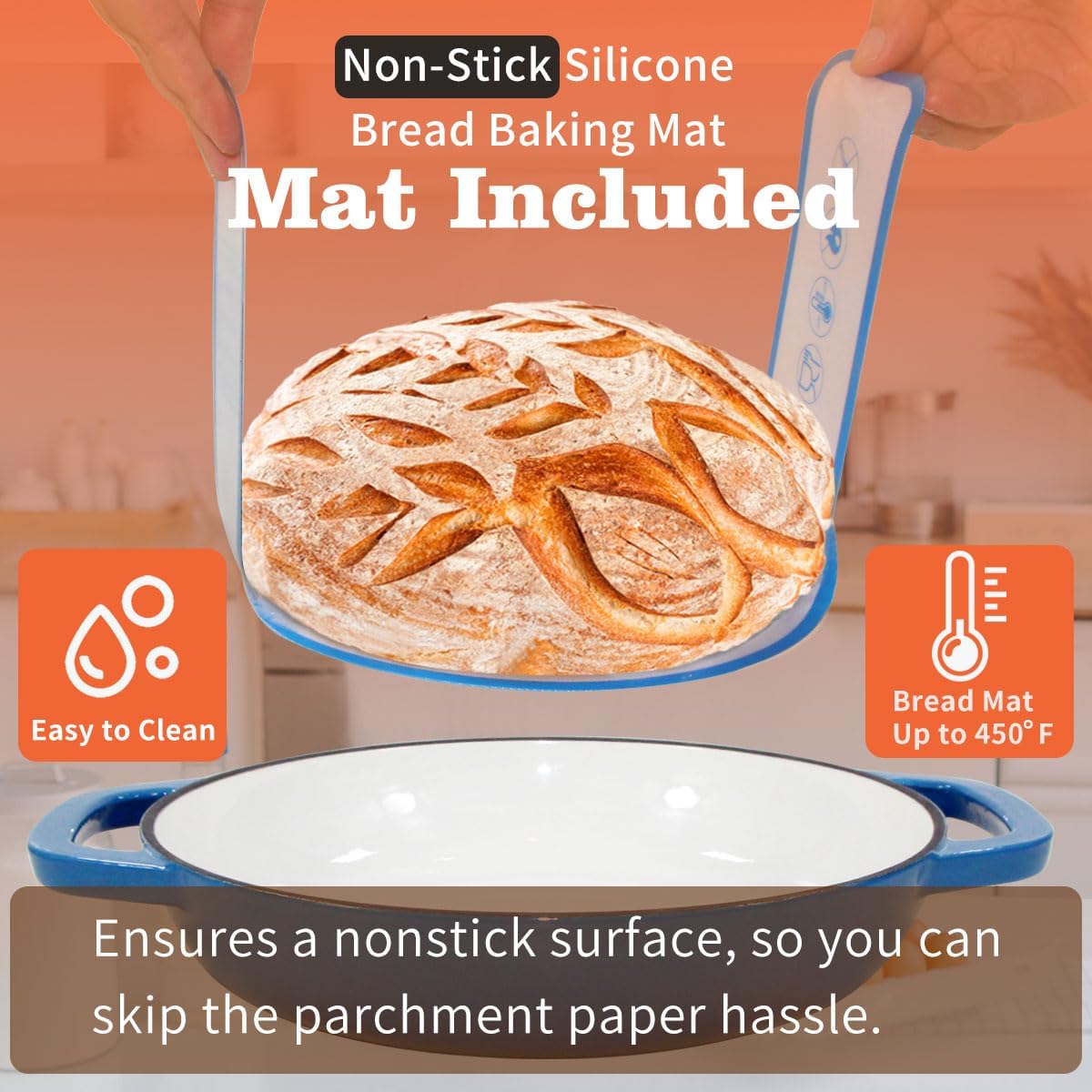 Enameled Cast Iron Dutch Oven with Lid, 11" Dutch Oven Bread Baking Kit, 6 Quart Blue Thick Enamel Bread Pan, Silicone Baking Mat - Family Gifts