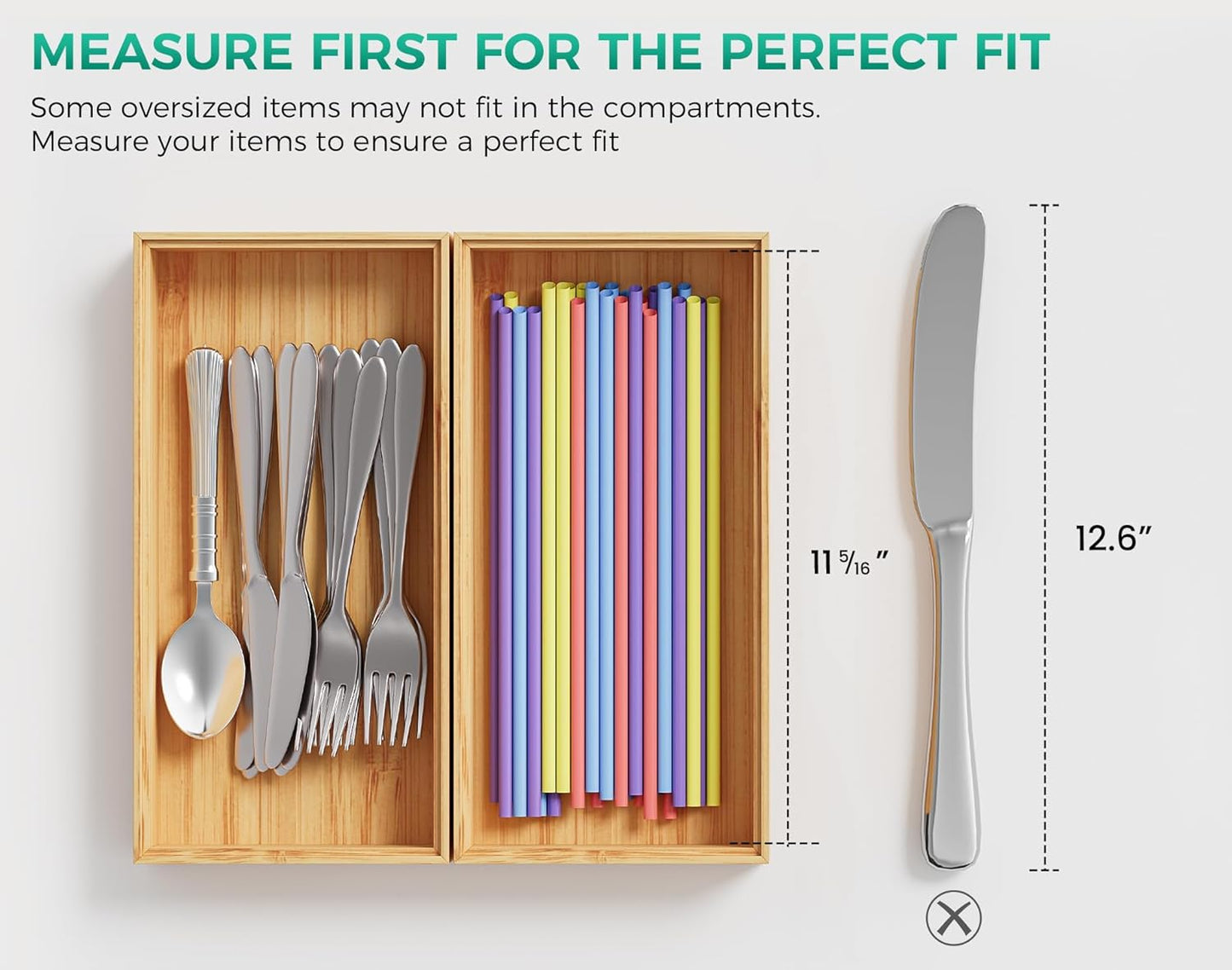 Bamboo Kitchen Drawer Organizer Boxes – Stackable Wood Silverware Utensil Tray for Drawers Bins, Cutlery & Flatware Storage – Wooden Organizers Set of 2, 12" x 6" x 2" for Junk Drawer, Bathroom, RV