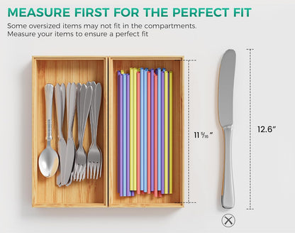 Bamboo Kitchen Drawer Organizer Boxes – Stackable Wood Silverware Utensil Tray for Drawers Bins, Cutlery & Flatware Storage – Wooden Organizers Set of 2, 12" x 6" x 2" for Junk Drawer, Bathroom, RV