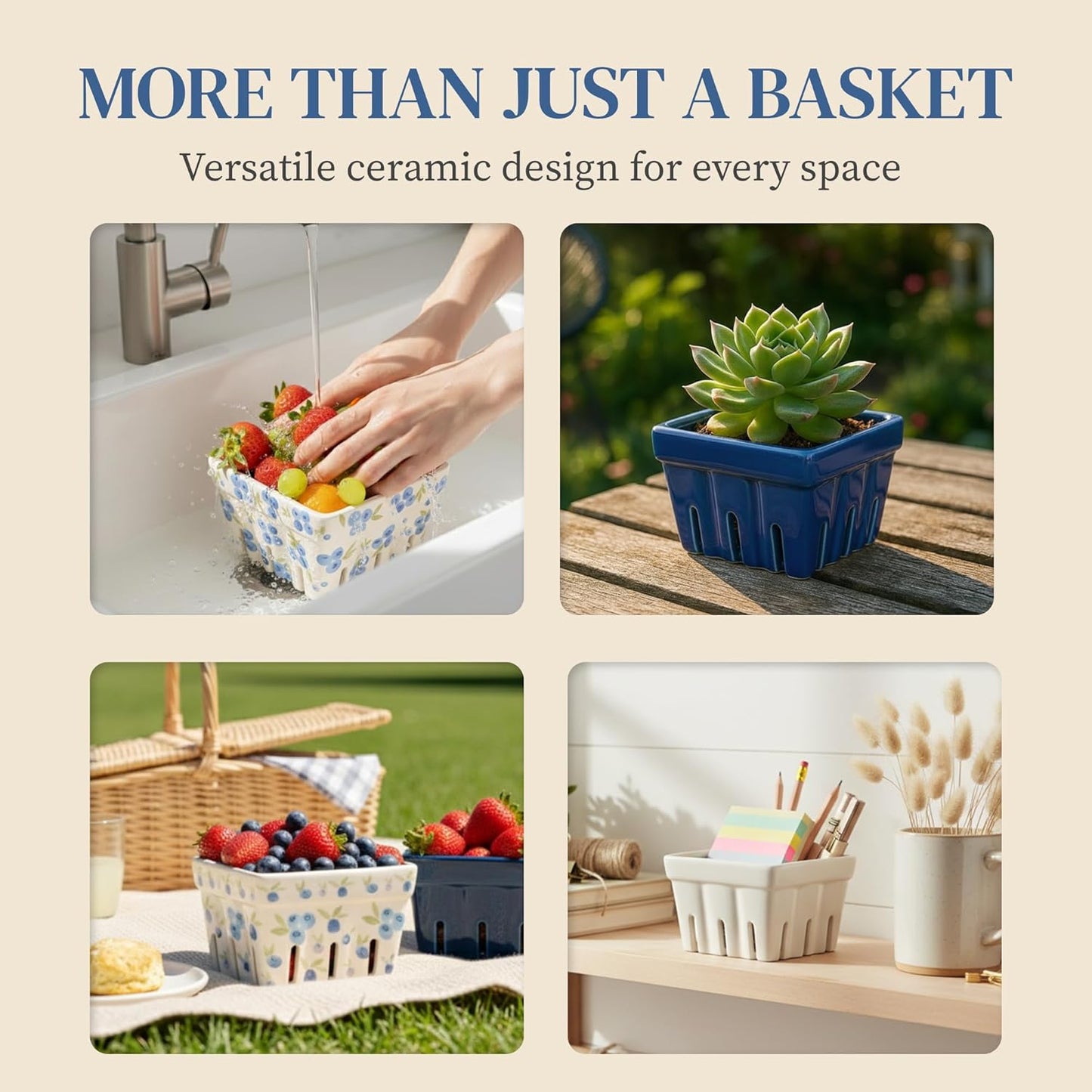 Ceramic Berry Basket, Farmhouse Colander, Farmers Market square Bowl. Rustic Kitchen decor fruit bowls, Fruit Baskets, Bleu White and Blueberry pattern Stoneware Harvest Bowls Set of 4