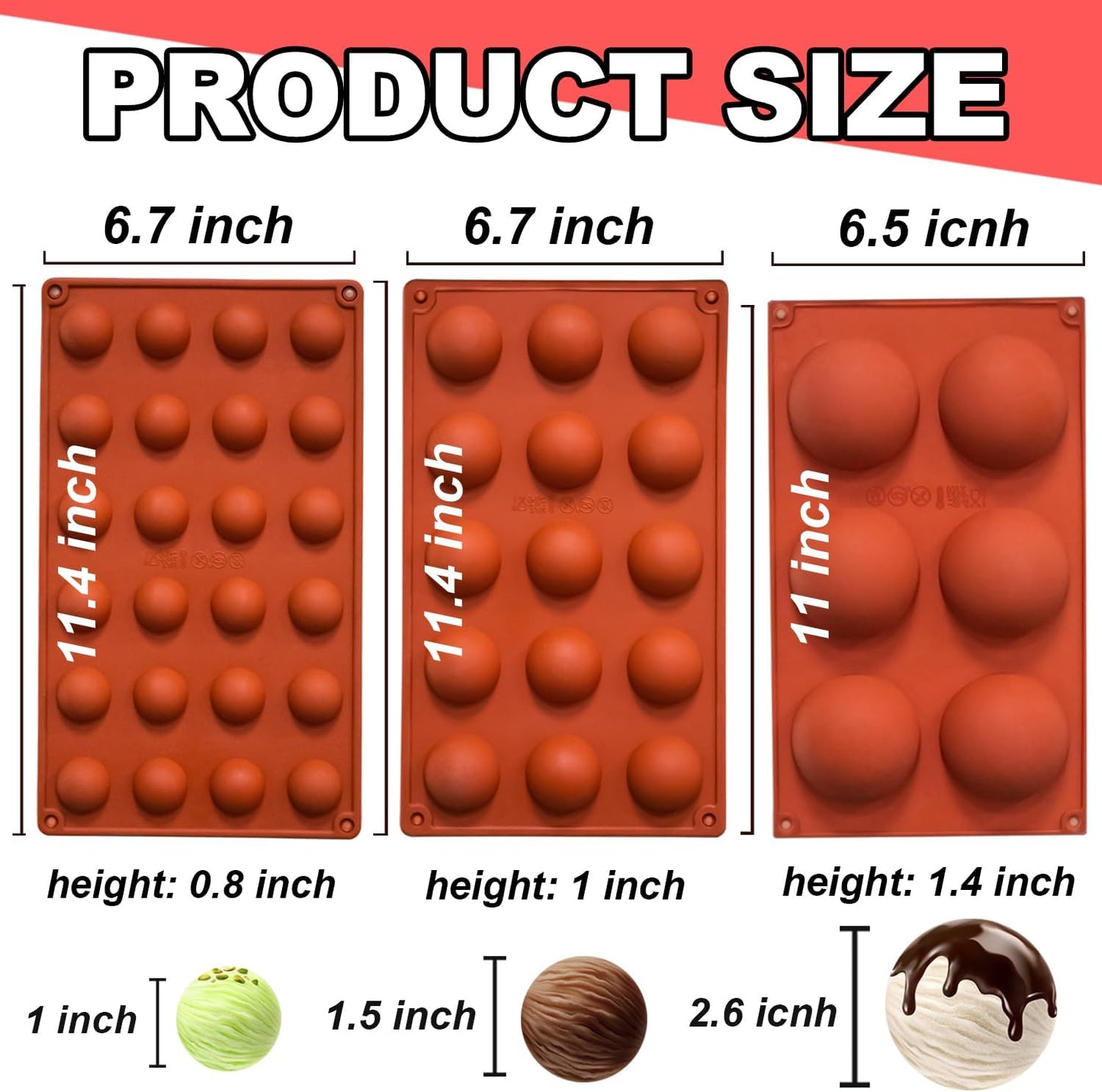 Semi Circular Silicone Molds, Non-Stick Silicone Chocolate Molds,3 Packs Baking Molds for Making Chocolate, Cake, Jelly, Desert, Biscuit, Dome Mousse (6 Cups, 15 Cups and 24 Cups)