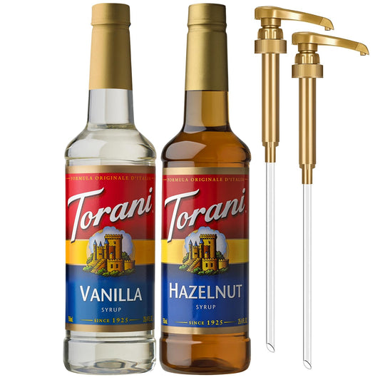 Torani Syrups, Hazelnut and Vanilla Syrup Variety 2-Pack, Coffee Syrups for Drinks, Pumps Included, 25.4 Fl Oz Ea