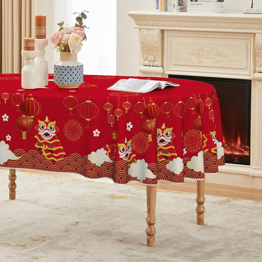Horaldaily Newyear Tablecloth 60×84 Inch Oval, Chinese Lunar New Year Lion Dance Lantern Red Washable Table Cover for Party Picnic Dinner Decor