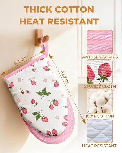 Slohif Cute Strawberry Mini Oven Mitts Set – Pink Extended Short Heat Resistant Kitchen Gloves for Women, 100% Cotton Oven Mitts with Silicone Grips, Non-Slip and Thick Durable for Cooking & Baking