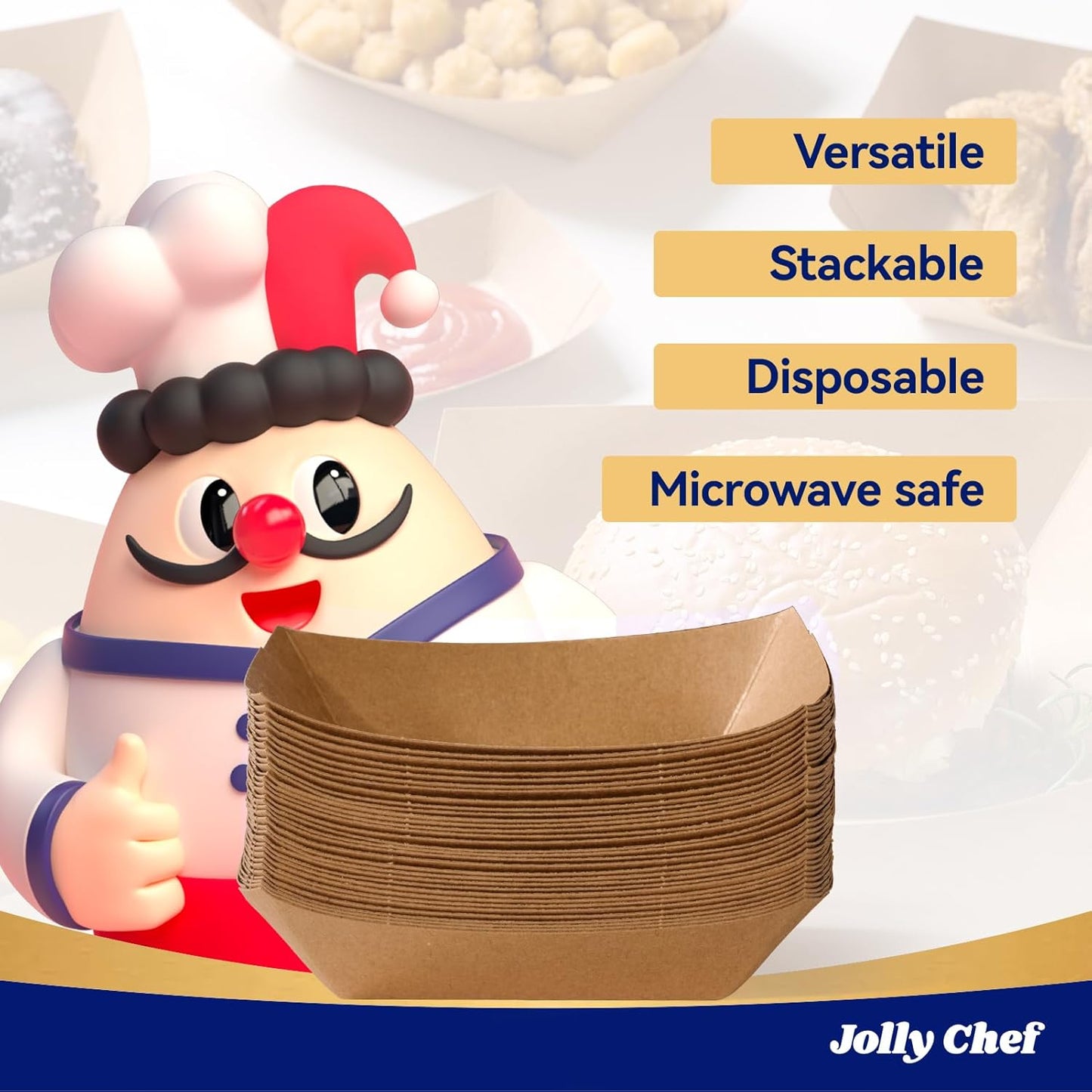 JOLLY CHEF 3lb Paper Food Trays,250 Pack Disposable Boat, Extra Large Food Serving Holder Tray for Party, Nachos, Hot Dogs, Taco, French Fries