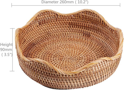 Handmade Rattan Round Fruit Basket Food Storage Bowls Kitchen Organizer Snack Serving Bowl Wavy Edge Circle Tray Basket, Boho Home Décor Display Tray for Table, Dining Room (Medium 10.2")