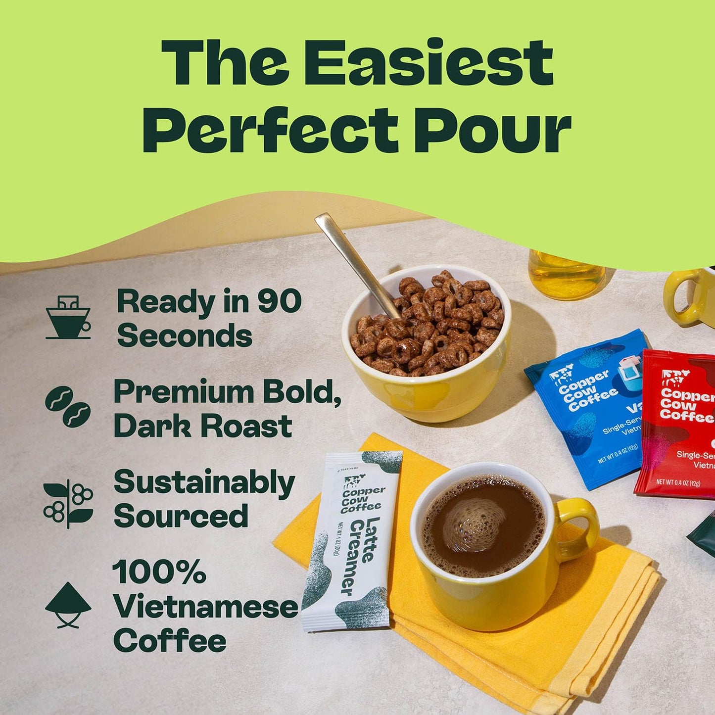 Copper Cow Coffee Pour Over Vietnamese Coffee Pouches + Sweetened Condensed Milk Creamers (8 Coffees & 8 Milk Creamers) | Classic Black Lattes, No Refrigeration Needed, Travel Friendly Ground Coffee