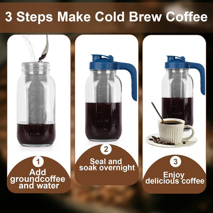 Cold Brew Coffee Maker Pitcher,64 Oz Heavy Duty Glass Mason Jar Pitcher with V-shaped Pour Spout Handle Lid,Stainless Steel Filter for Iced Coffee,Iced tea,Fruit Drinks,lemonade - Blue