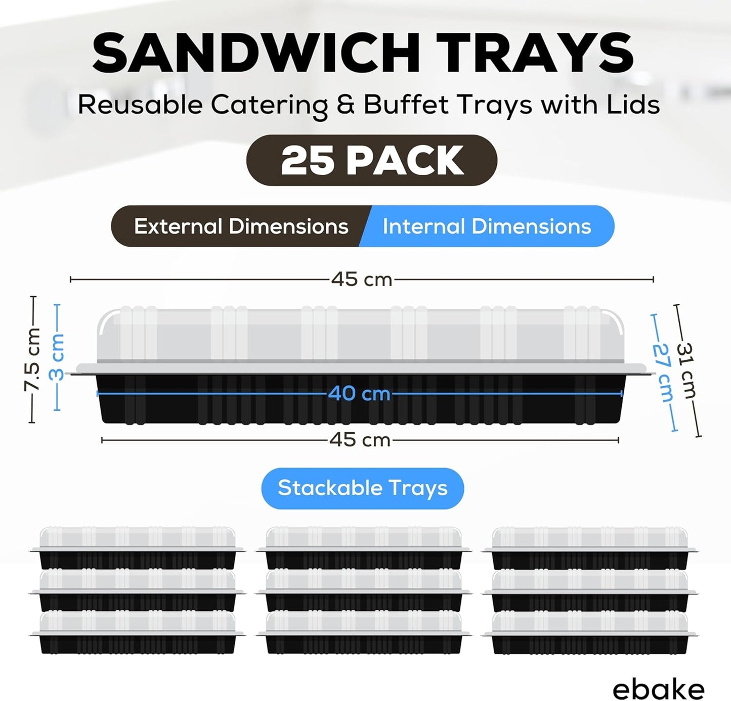 25 Pack Catering Trays with Lids – 17" Serving Tray with Lid, Heavy Duty Recyclable Plastic Party Platters for Catering, Buffet, Picnics & Events – Food Tray with Clear Lid (17.72 x 12.20 x 2.95 inch)