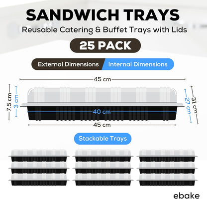 25 Pack Catering Trays with Lids – 17" Serving Tray with Lid, Heavy Duty Recyclable Plastic Party Platters for Catering, Buffet, Picnics & Events – Food Tray with Clear Lid (17.72 x 12.20 x 2.95 inch)