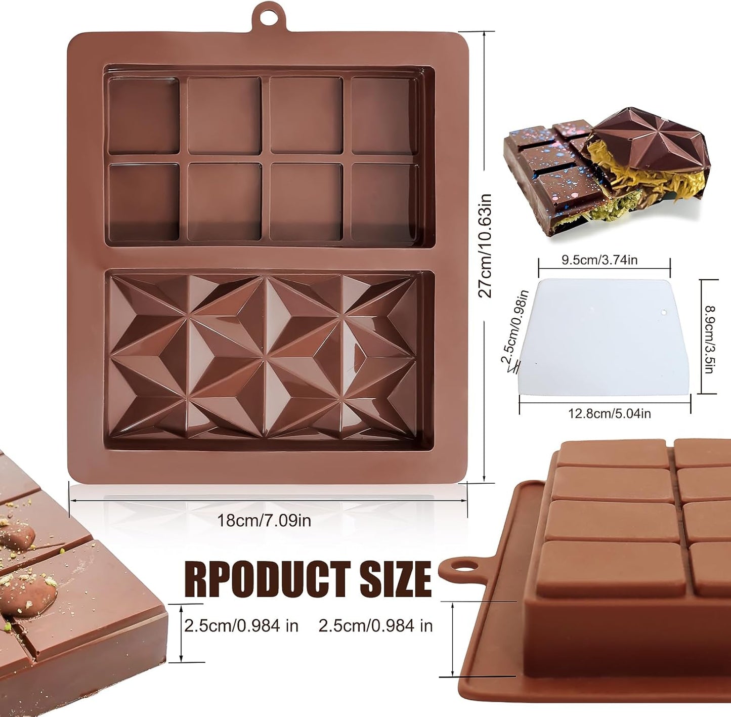 2 Pack Deep Chocolate Bar Molds, Silicone Dubai Chocolate Bar Mold, Candy Bar Mold for Stuffed Bar with Scraper