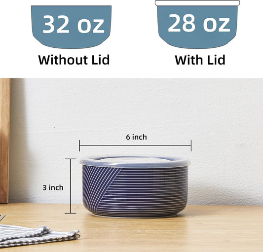 Large Ceramic Bowls with Lids: 32 oz Microwave Safe Food Storage Containers for Soup Salad Meal Prep Lunch Picnic Camping - 6 Inch, Set of 4 (Navy)