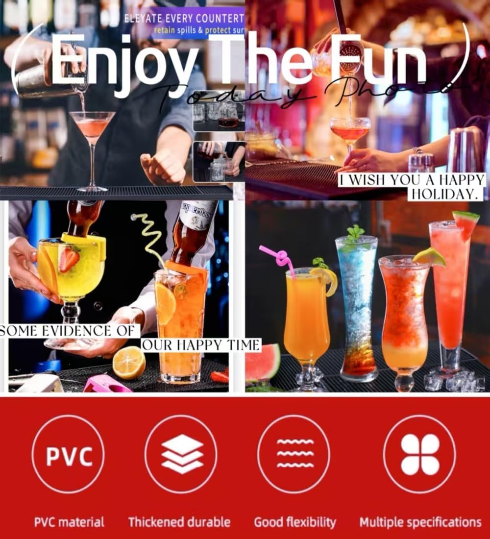 WANGCHAO Bar Mats Set of 4 Nonslip Flexible Rubber Black Bar Service Spill Mat Barber Mats Dish Drying Mat (24" x 3"+18" x 12"+12" x 3"+12" x 6")