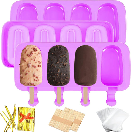 3pcs Large Silicone Popsicle Molds Set,BZIDII 4 Cavities Cake Pop Molds,Oval Ice Cream Bar Mold Ice Pop Cakesicle Molds Silicone with 100 Wooden Sticks & 100 Bags &100 Twist Ties(Purple)