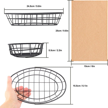10 Pack Oval Wire Bread Basket, 9.65 x 6.1 x 2.17 Inch Metal Fast Food Baskets with 50 Sheets Deli Wrappers Paper, Metal Dinner Roll Baskets for Home & Kitchen, Serving and Storage(Black)