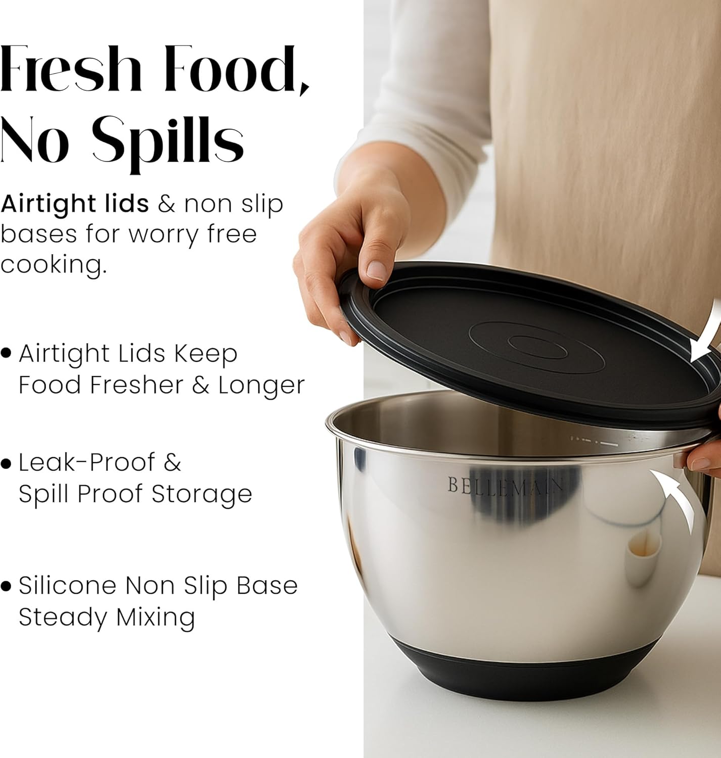 Bellemain Mixing Bowls with Lids Set - Stainless Steel Mixing Bowls with Airtight Lids - Food Storage Containers - 3PCS Set with Non-Slip Bottoms Kitchen Essentials for Baking - Serving