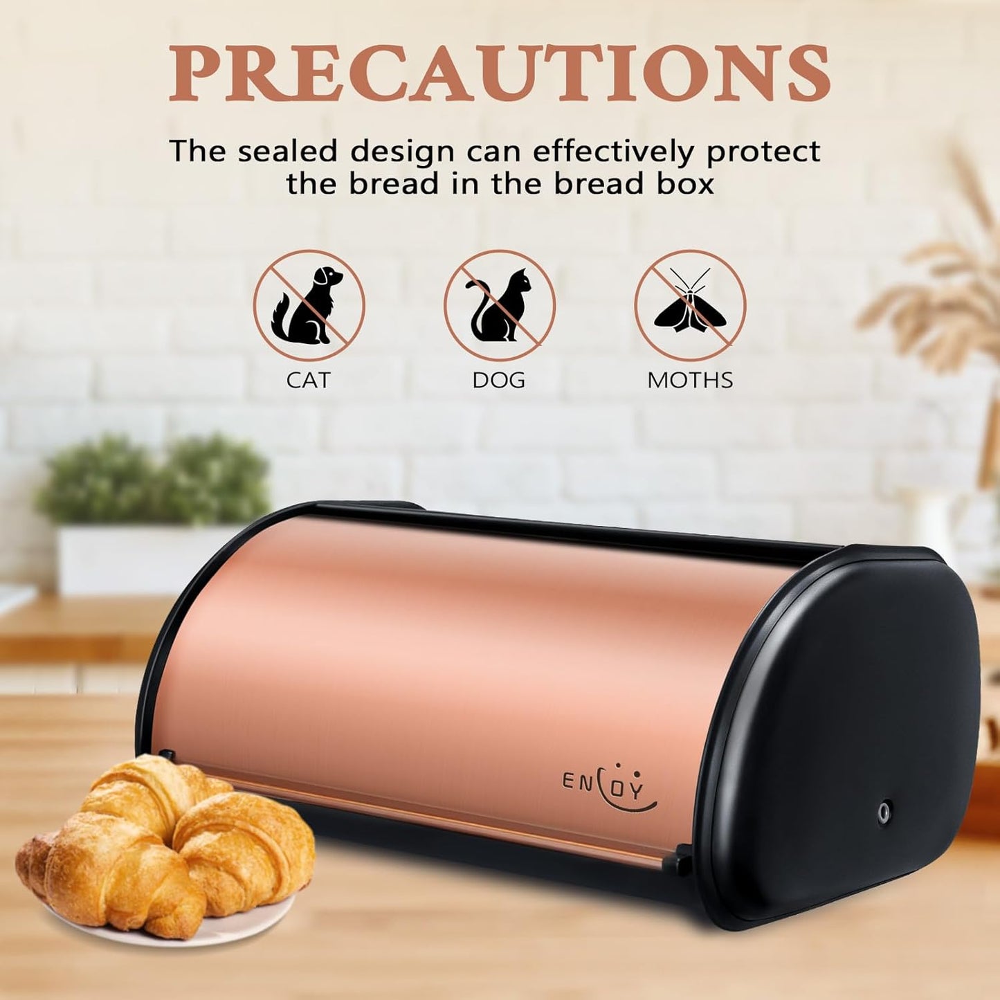 ENLOY Bread Box for Kitchen Countertop, Stainless Steel Bread Storage Bin for Kitchen with Roll Up Lid, Large Capacity Bread Keeper Holds Large Loaves of Bread (Rose Gold) 17 x 11 x 7 IN