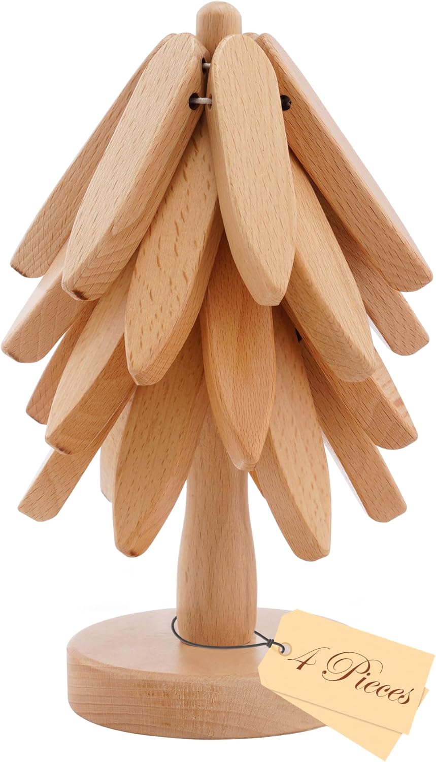 Wooden Tree Trivets for Hot Dishes, 4 Wooden Trivet + 1 Stand Natural Wooden Coaster for Hot Dishes, Pot, Bowl, Teapot, Hot Pot Holders, 4 Foldable Christmas Tree-Shaped Trivets