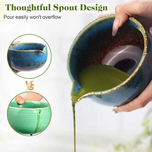 HEYMKGO Matcha Whisk Set 8 Pcs, Sapphire Blue Matcha Bowl with Spout, Bamboo Whisk & Holder, Scoop, Scoop Rest, Sifter, Bamboo Spoon & Tea Towel - Traditional Japanese Matcha Tea Ceremony Kit