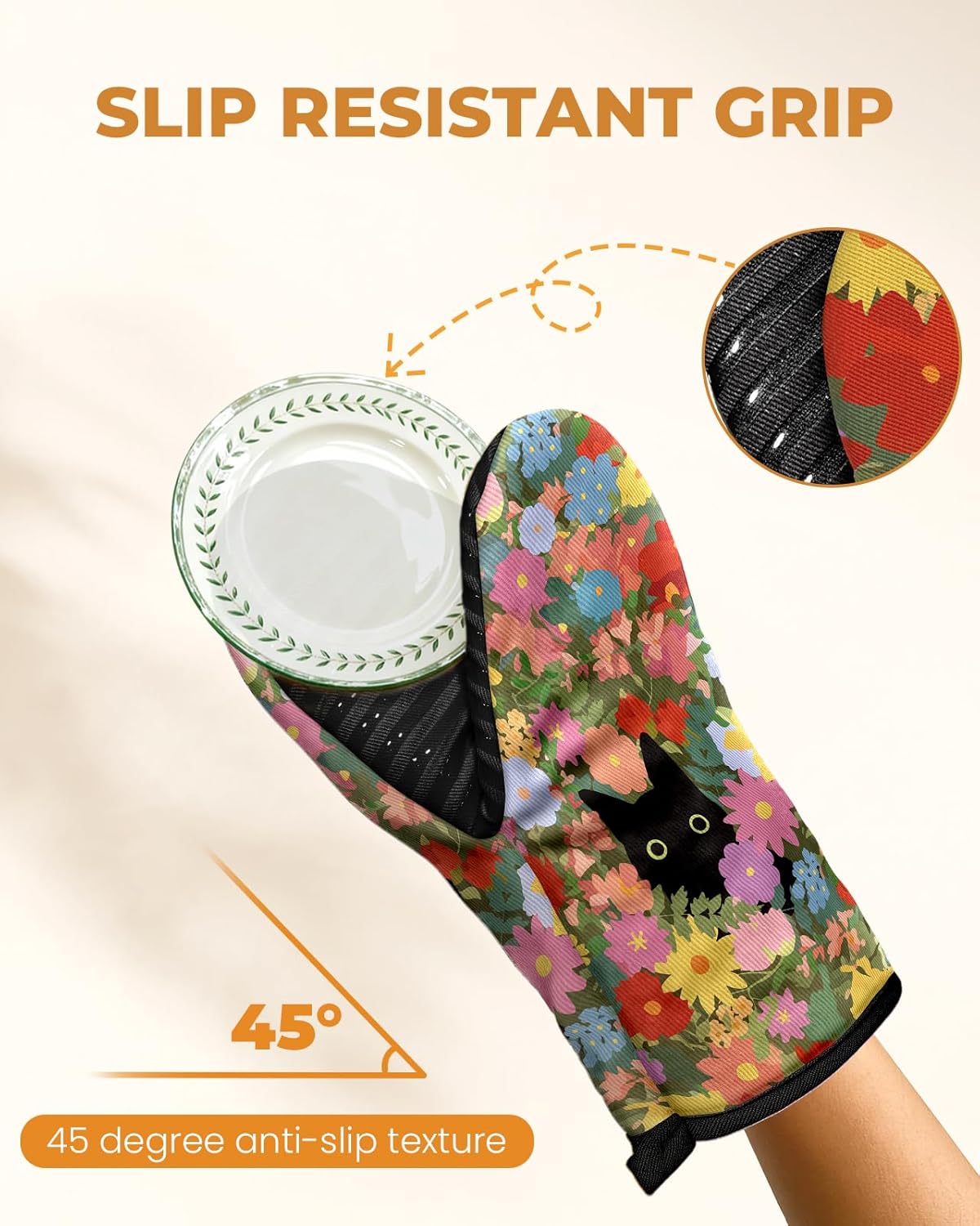 Slohif Cat Mini Oven Mitts Set – Black Extended Short Animal Heat Resistant Kitchen Gloves for Women, 100% Cotton Oven Mitts with Silicone Grips, Non-Slip and Thick Durable for Cooking & Baking