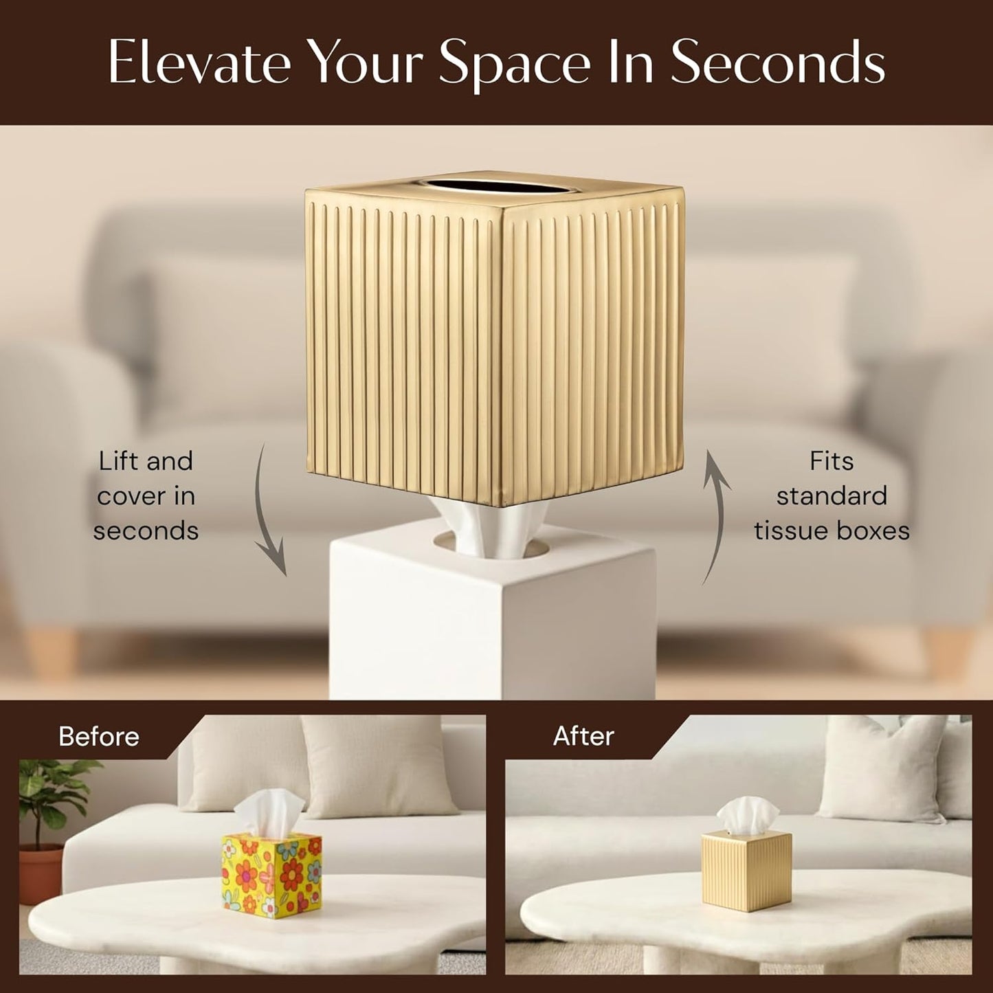 Monarch Abode Tissue Box Cover Square – Handcrafted Ridge Embossed Brushed Gold Metal Tissue Holder Box for Bathroom Accessory, Aesthetic Decorative Facial Napkin Cube for Modern Home Decor