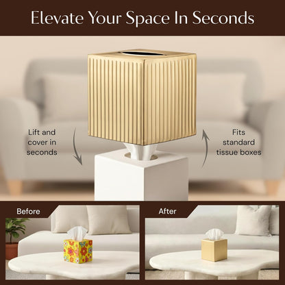 Monarch Abode Tissue Box Cover Square – Handcrafted Ridge Embossed Brushed Gold Metal Tissue Holder Box for Bathroom Accessory, Aesthetic Decorative Facial Napkin Cube for Modern Home Decor