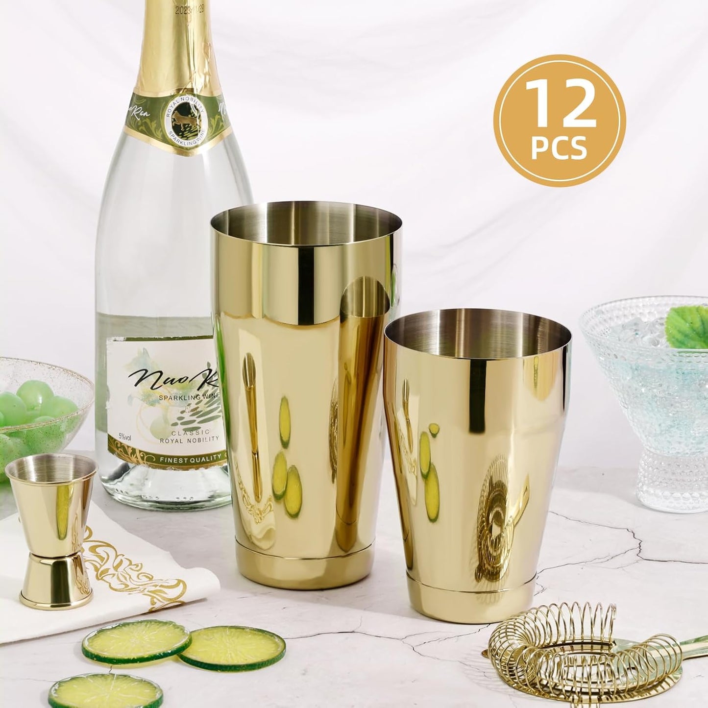 Boston Shaker Cocktail Set Bartender Kit, 12 Pcs Drink Shaker with Strainer Bartending Martini Shaker Tin with 18oz & 28oz Mixed Alcohol Shaker Professional Stainless Steel Bar Tool for Beginner(Gold)