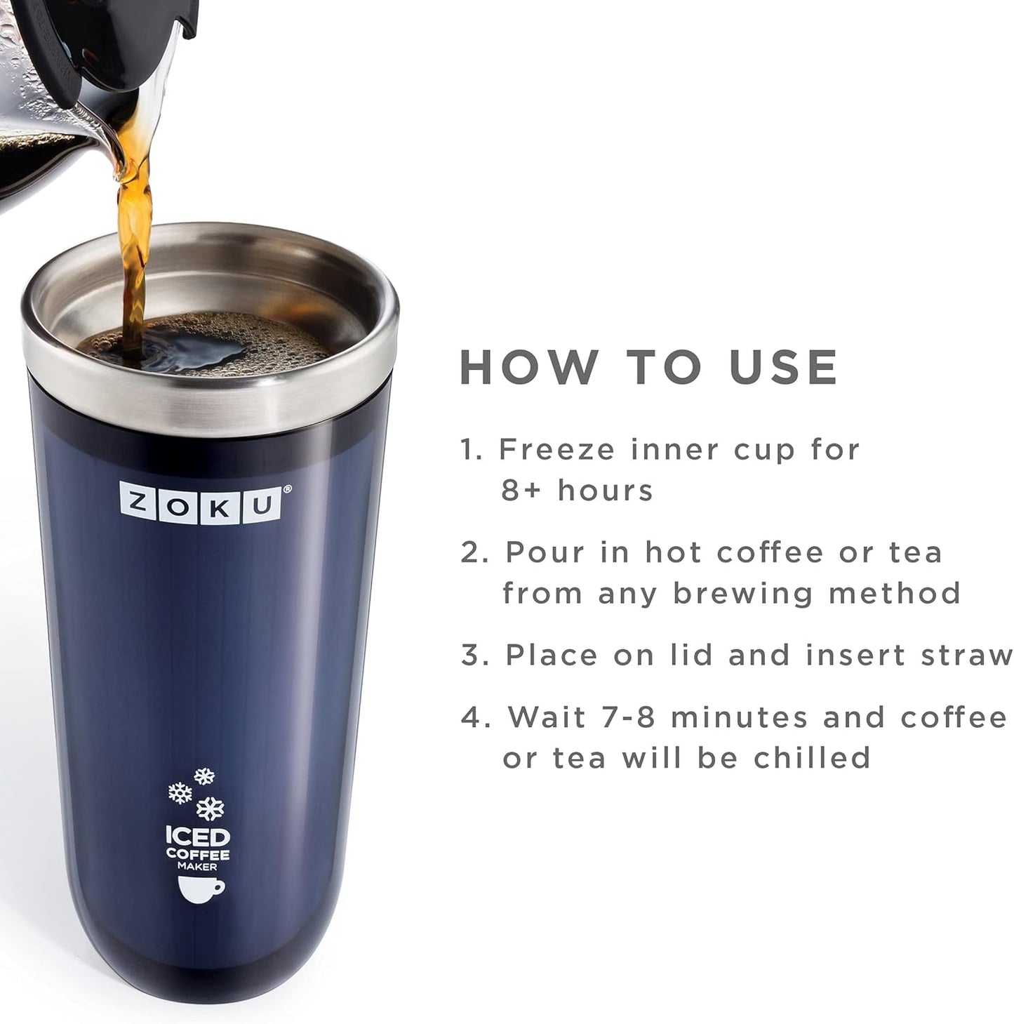 Zoku Instant Iced Coffee Maker, Reusable Beverage Chiller Cools Hot Beverages in Minutes Without Dilution, Portable 11-ounce Tumbler With Spill-resistant Lid and Straw, Grey
