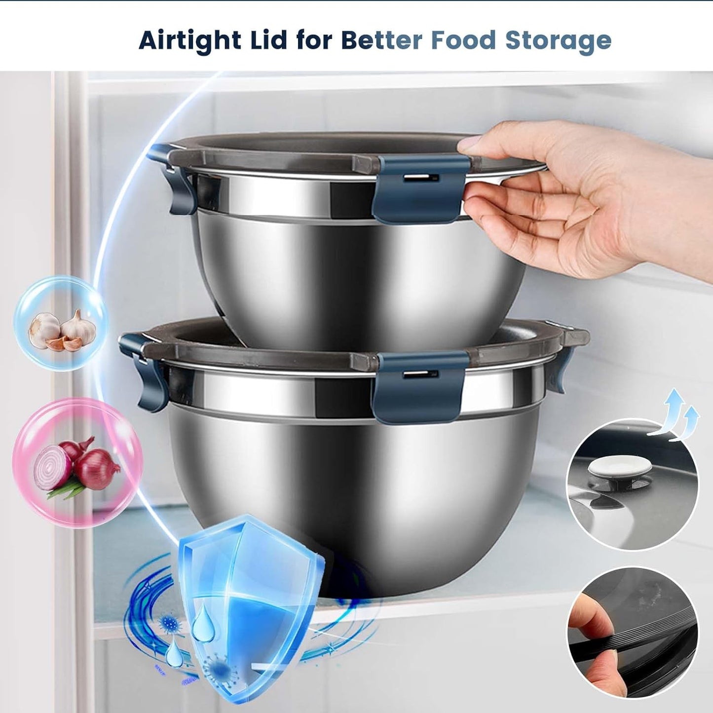 Daily Treasures Mixing Bowls with Airtight Clear Lids Set of 3,Thicker Stainless Steel Mixing Bowl Set,Nesting Bowls for Cooking, Prepping, Baking, Serving & Food Storage, Size 5, 3, 1.5QT