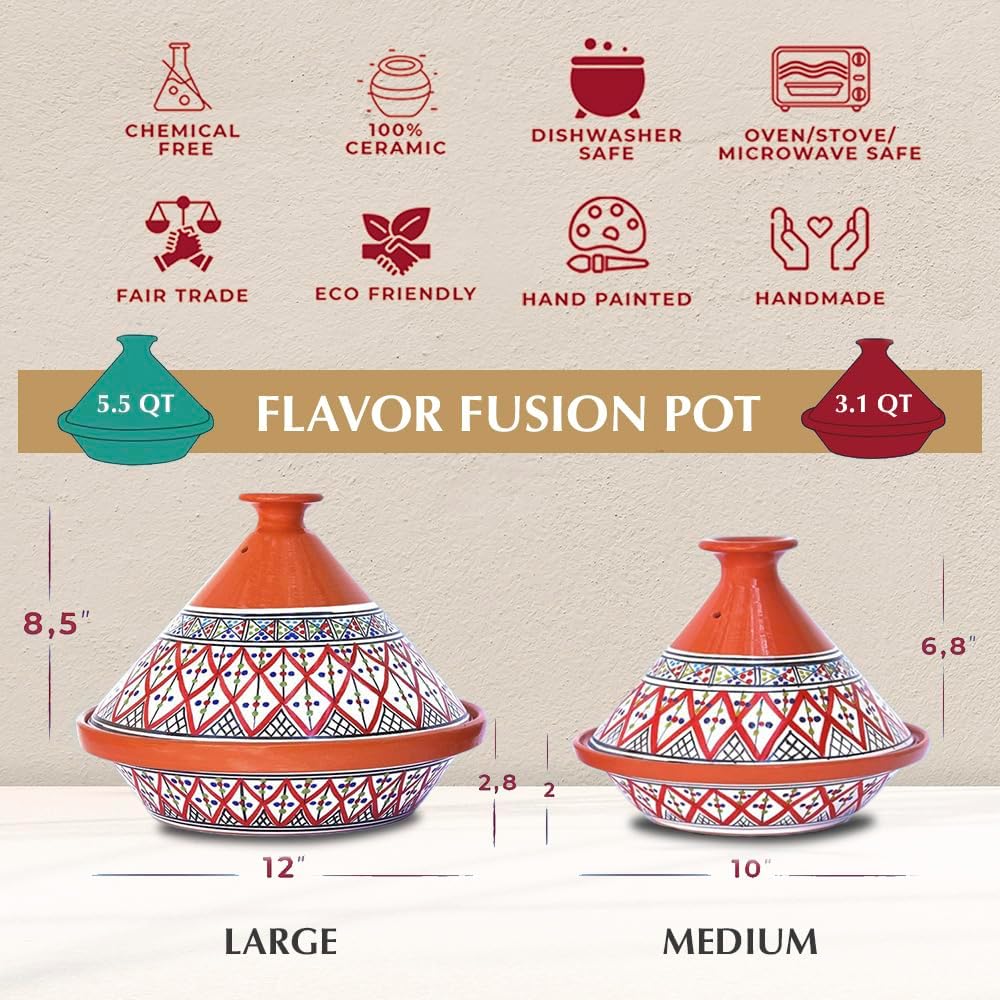 Kamsah Tagine Pot for Cooking and Flavor Enrichment - Large Clay Pot 12”, 5.5 QT - Non-Stick Handmade Cookware - Moroccan Ceramic Pots for Cooking with Lid & Serving Bowl - Bohemian Supreme Red