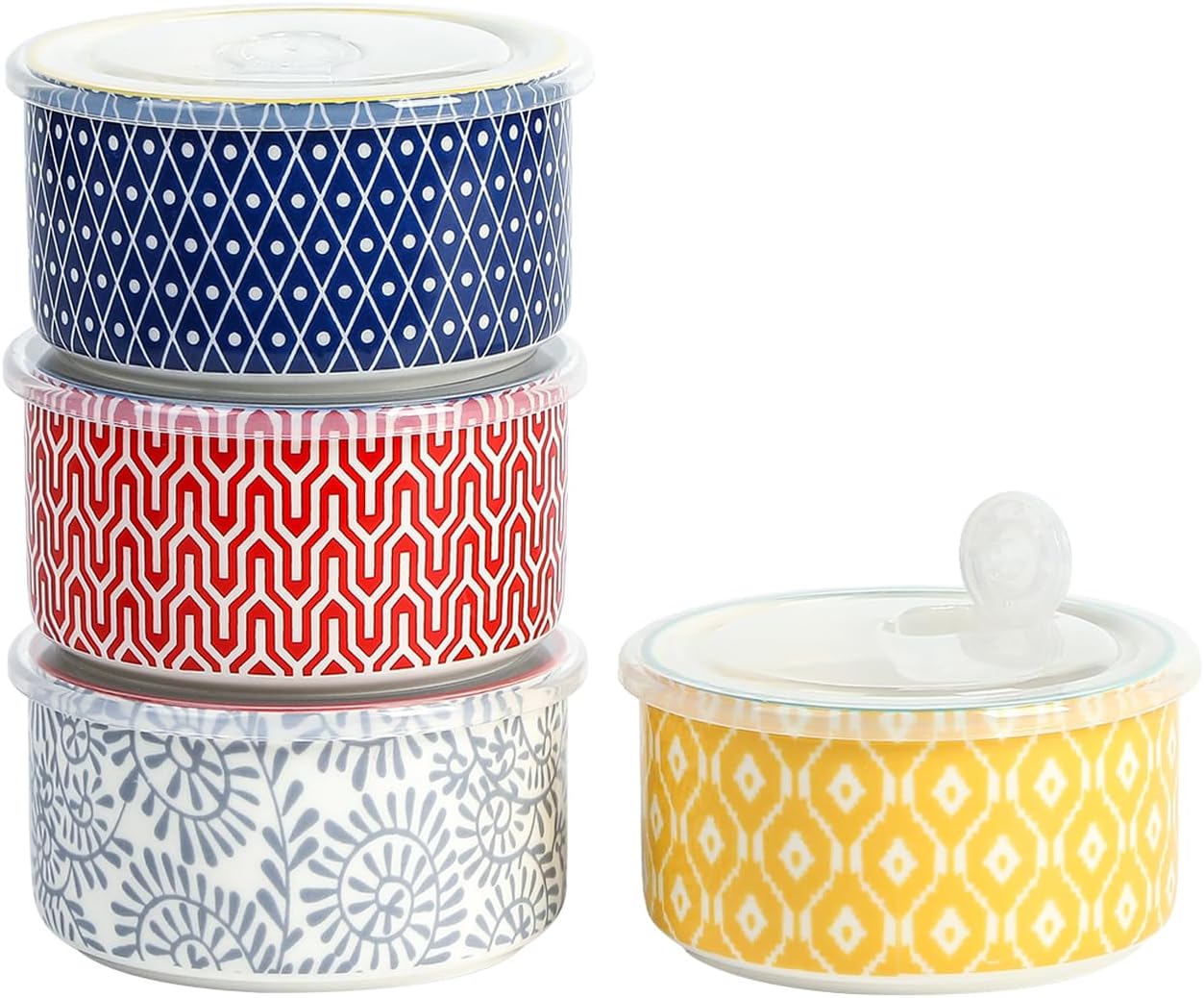 Selamica Ceramic Bowls with Lids,14 OZ Small Serving Bowls with Lids for Lunch Picnic Microwave Safe, 5 Inch Kitchen Food Storage Bowls Set of 4 for Prep, Salad, Pasta, Cereal, Assorted Colors