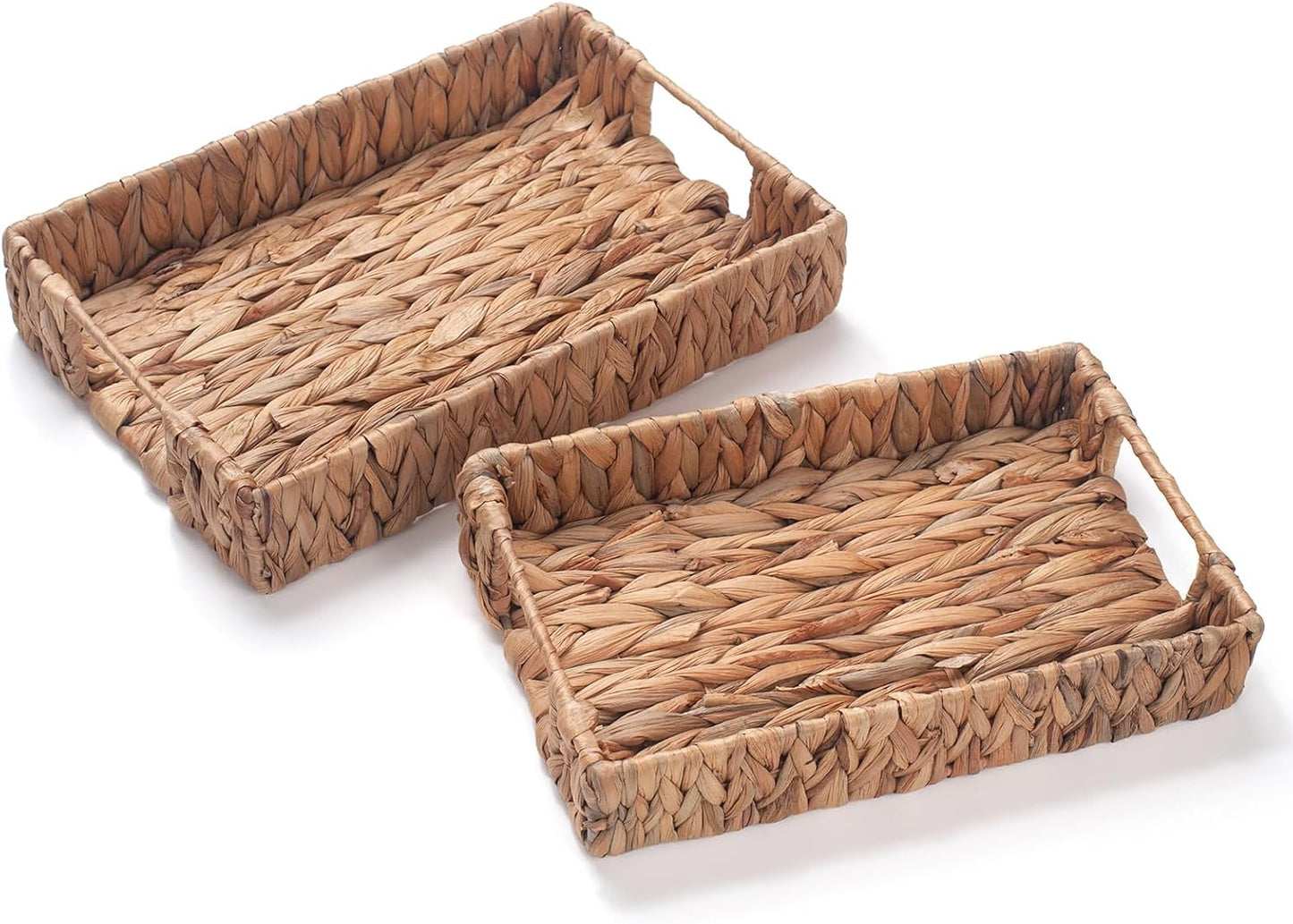 Water Hyacinth Rectangular Serving Tray for Coffee Table Natural Storage Baskets with Handles for Home and Kitchen Decor Set of 2