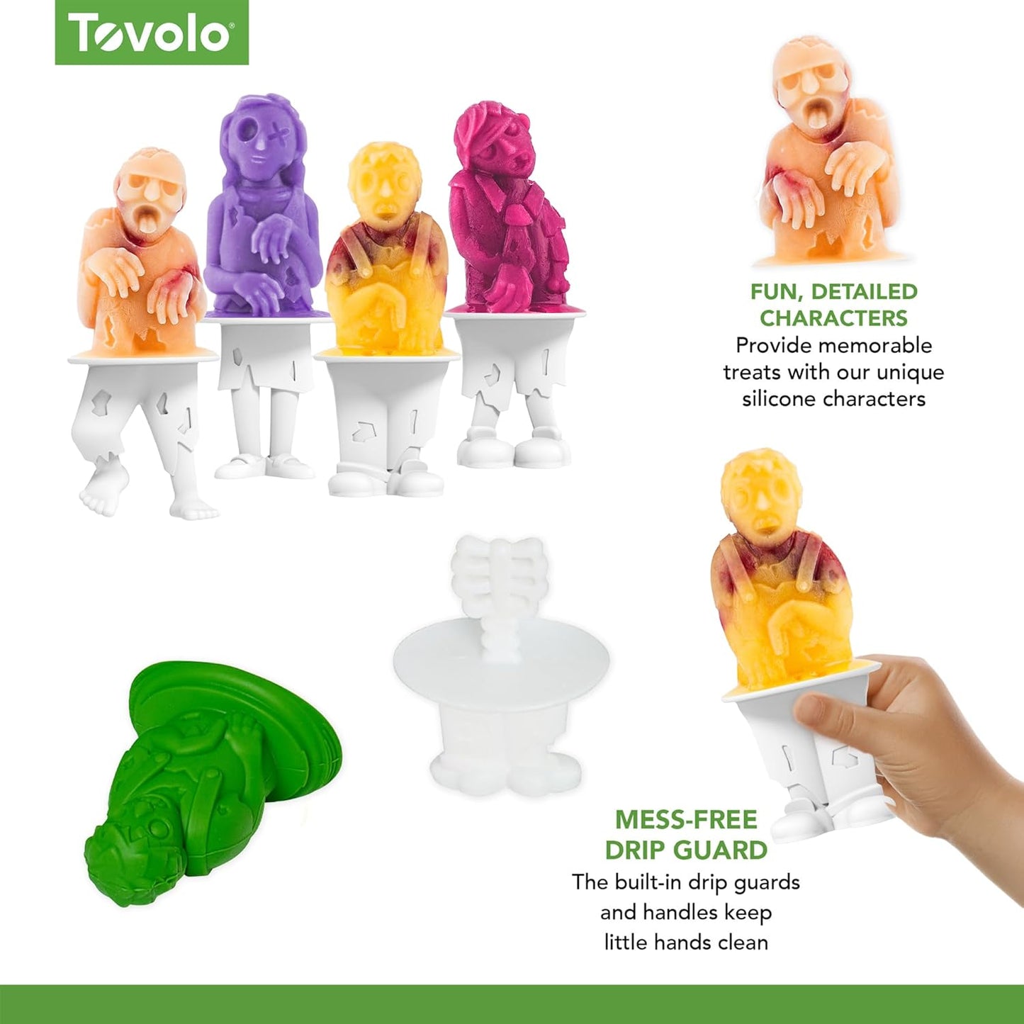 Tovolo Zombie Ice Pop Mold Set of 4 Silicone Halloween Popsicle Molds with Skeleton Sticks, Dishwasher Safe Spooky Zombie Popsicle Molds for Halloween Treats, BPA Free Food Safe Reusable Silicone Mold