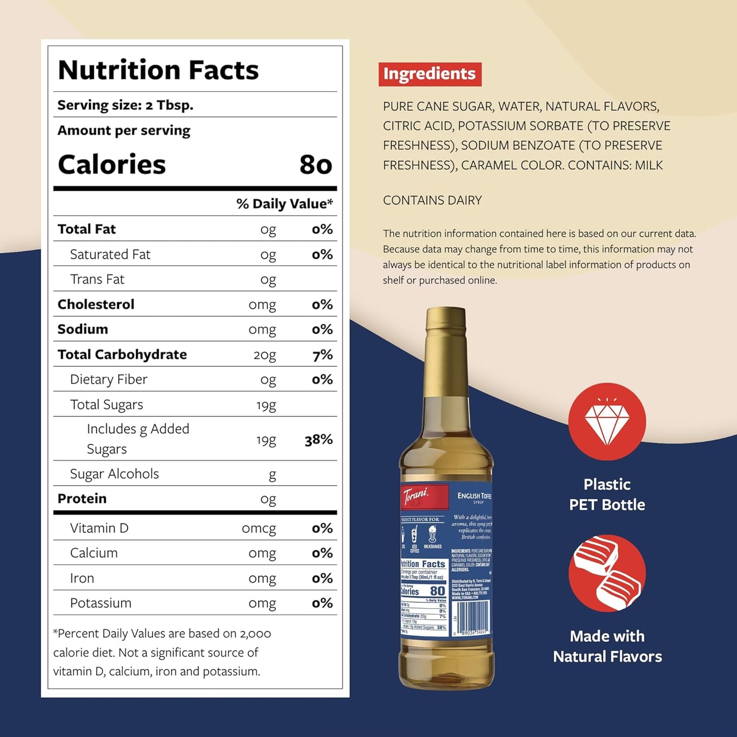 Torani Coffee Syrup, English Toffee Flavored Syrup for Drinks, Pump Included, 25.4 Fl Oz