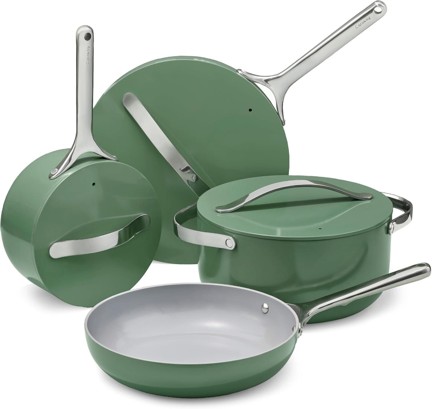 Caraway Non-stick Ceramic Cookware Set (12 Piece) Pots, Pans, Lids and Kitchen Storage - PFAS & PFOA Free - Oven Safe Pan Set & Compatible with All Stovetops - Sage