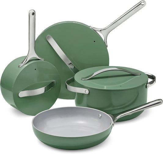 Caraway Non-stick Ceramic Cookware Set (12 Piece) Pots, Pans, Lids and Kitchen Storage - PFAS & PFOA Free - Oven Safe Pan Set & Compatible with All Stovetops - Sage
