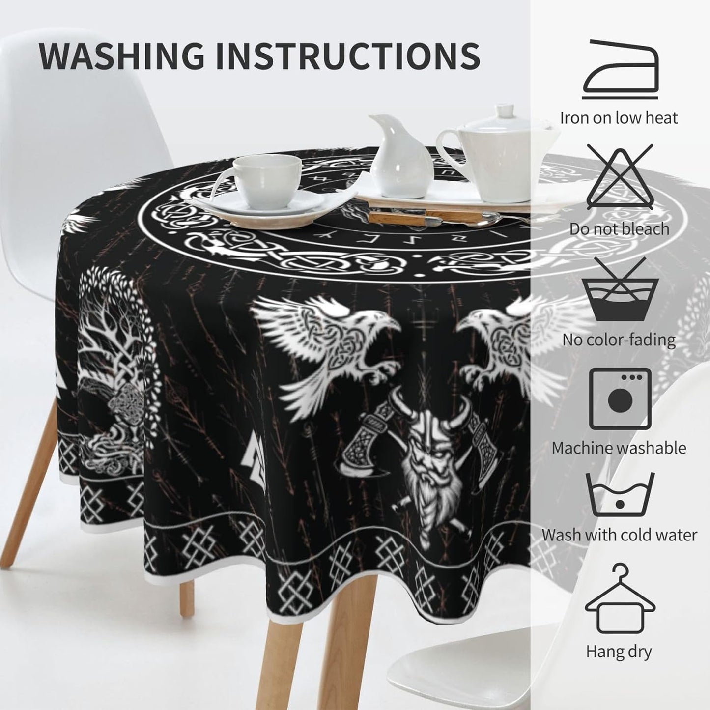 Norse Viking Tablecloth, Nordic Mythology Tree of Life Crow Ancient Mythical Viking Wolf Print Water Resisitant Table Cover for Dining Kitchen Living Room Home Party Holiday Decor 70 inch Round