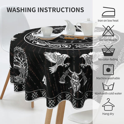 Norse Viking Tablecloth, Nordic Mythology Tree of Life Crow Ancient Mythical Viking Wolf Print Water Resisitant Table Cover for Dining Kitchen Living Room Home Party Holiday Decor 70 inch Round
