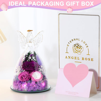 Christmas Rose Gifts for Women Preserved Real Flower in Glass Angel Figurines Roses for Delivery Prime Birthday Gifts for Mom Grandma Girlfriend Wife Her, Purple Austin Roses