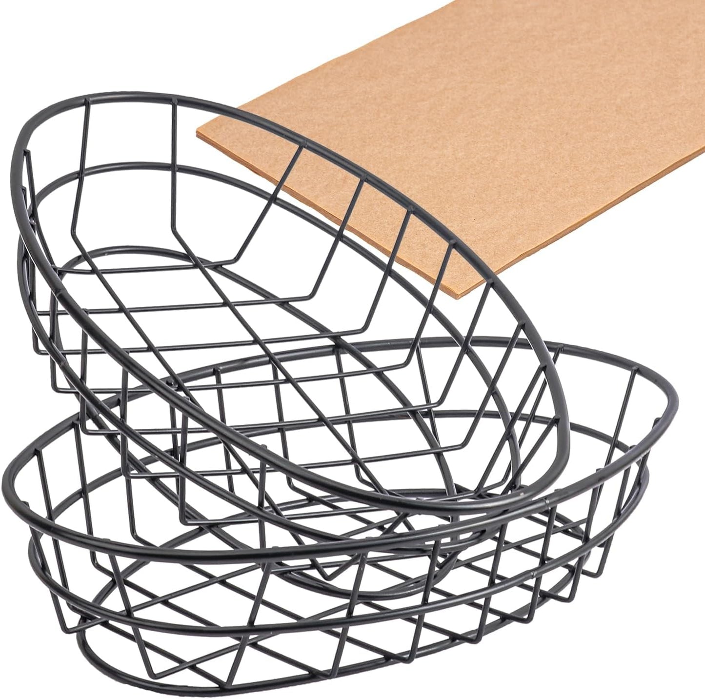 12 Pack Oval Wire Bread Basket, 9.5 x 6.2 x 2.17 Inch Metal Fast Food Baskets with 50 Sheets Deli Wrappers Paper, Metal Dinner Roll Baskets for Home & Kitchen, Serving and Storage(Black)